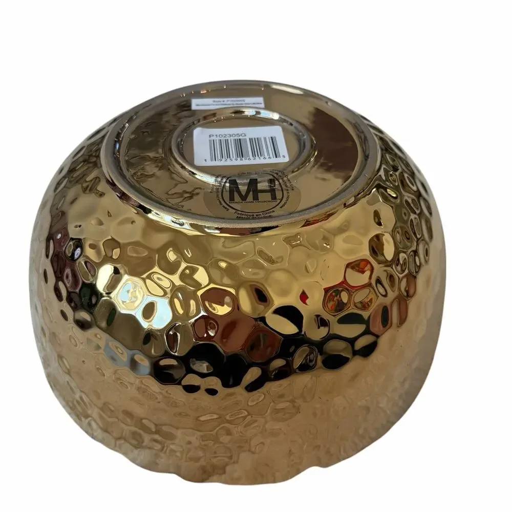 Hammered Gold Enameled Serving Bowl 8.5in Ceramic Chic Holiday Hosting NEW